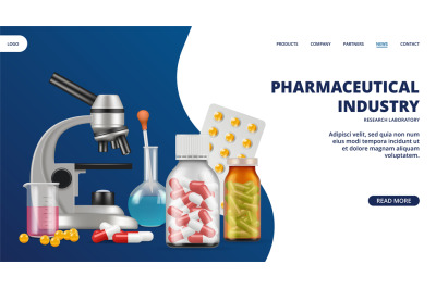 Pharmaceutical industry landing page. Medicine, research laboratory ve