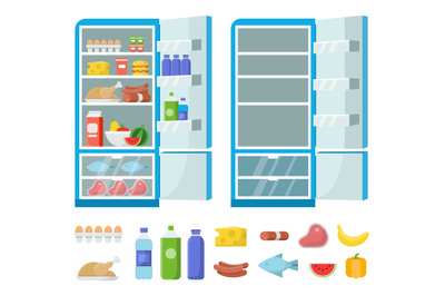 Flat fridge vector. Full and empty refrigerator in the kitchen. Freeze