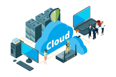 Cloud storage concept. Isometric data transfer vector illustration. Bu