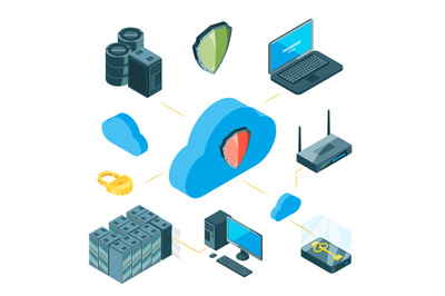 Data protection vector concept. Isometric cloud storage infographic