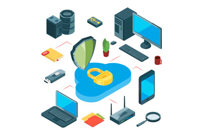 Secure cloud storage. Isometric data storage vector concept. Informati