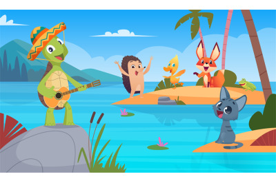 Turtles background. Nature wild animal singing playing vector cartoon