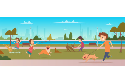 Kids in park with dogs. Children jogging and playing running with happ