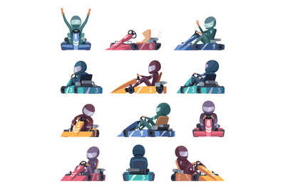 Karting cars. Fast racers speed karting machines on road vector cartoo