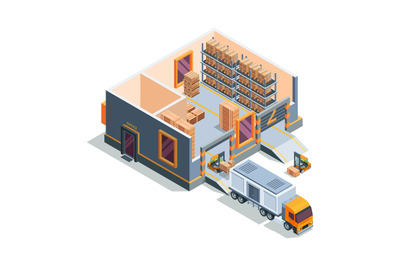 Warehouse isometric. Big storage house machines forklift transportatio