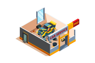 Auto service isometric. Car garage repair details cross section room a