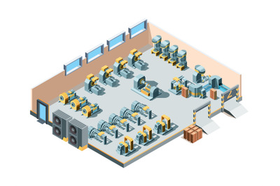 Industrial building. Isometric factory interior production heavy steel