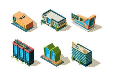 Mall isometric. Big modern buildings of shopping center different arch