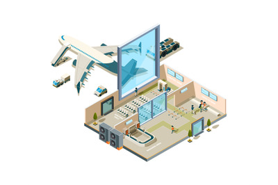 Airport terminal building. Vector crossection arrival interior entranc