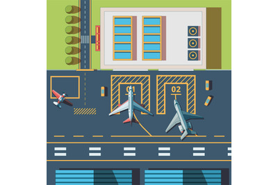 Airport top view. Terminal building and civil aircraft airport runway