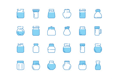 Jar line icons. Bottles for sweets jam marmalade strawberry with label