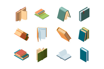 Books isometric. Library symbols school items opened and closed diary