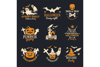 Halloween badges. Party scary logo horror symbols skull bones vector h