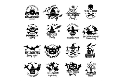 Halloween symbols. Scary logo collection horror badges pumpkin skull a