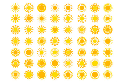 Sun collection. Yellow sunrise symbols nature vector stylized icon of