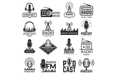 Radio station logo. Music studio podcast speaker vector badges collect