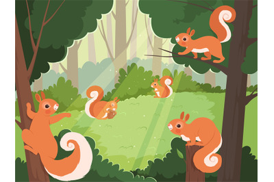 Squirrel in forest. Wild animals playing in trees vector cartoon backg