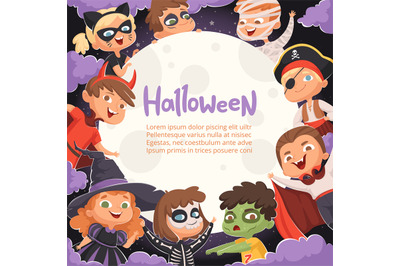 Halloween frame. Cartoon scary background with kids in halloween costu