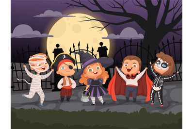 Halloween backgrounds. Kids playing in scary costumes for halloween de