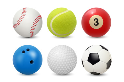 Sport equipment. Realistic balls billiard football tennis baseball gol