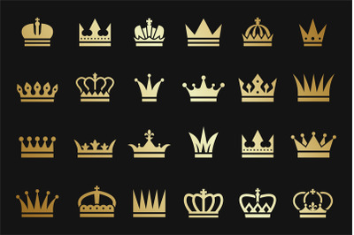 Gold crown icons. Vector crown silhouettes isolated on black backgroun