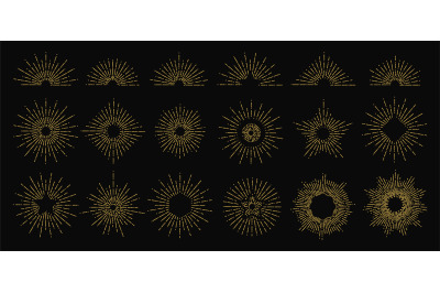 Golden sunburst. Vector radiant rays icons. Vintage sun flame elements