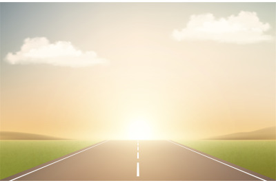 Landscape with road and sunset. Vector runway&2C; clouds and sunrise