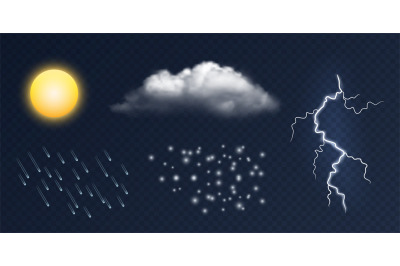 Weather elements. Vector realistic sun&2C; cloud&2C; lighting&2C; rain and snow