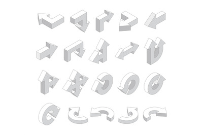 3D arrows. Isometric white various direction arrows vector set