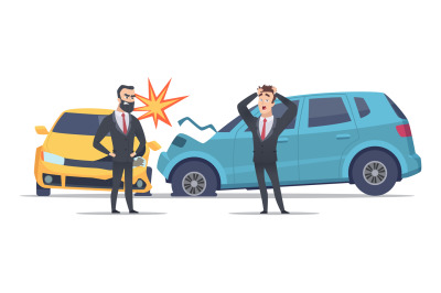 Car accident. Damaged autos angry scared men. Businessmen vector chara