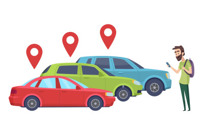 Car sharing. Man looking for vehicle with smartphone app. Rent car onl