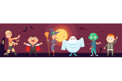 Halloween kids. Children wear scary party costumes. Zombie, vampire, w