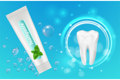 Mint toothpaste background. Vector dental poster design. Realistic too