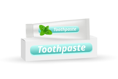 Mint toothpaste. Realistic white box packaging and vector toothpaste t