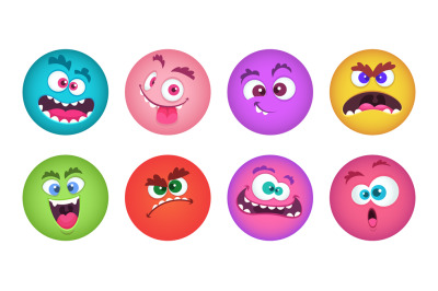 Monsters faces. Cartoon monster avatars vector set