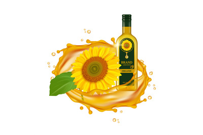 Realistic sunflower oil. Vector oil drops and yellow flower with green