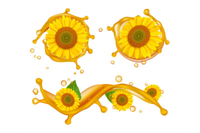 Sunflower oil. Realistic sunflowers&2C; oil splashes and drops vector ill