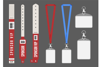 Badge mockup. Red cards lanyard bracelets for ID. Vector entrance keys