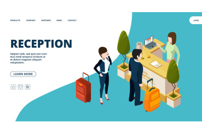 Reception web page. Isometric hotel info point landing. Vector people