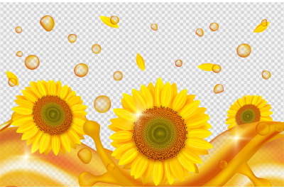 Sunflower oil realistic. Golden drops&2C; oil waves&2C; sunflowers vector