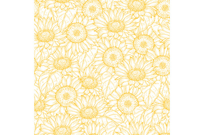 Sunflower seamless pattern. Vector line yellow flowers texture backgro