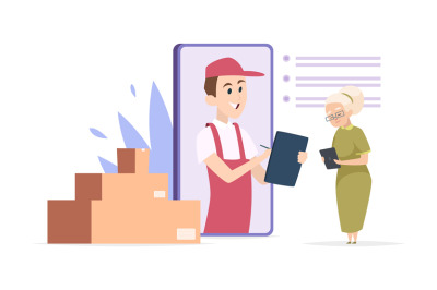 Online delivery concept. Vector delivery man, elderly woman, parcels.