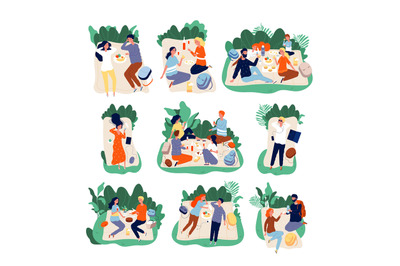 Picnic friends. People eating in park healthy happy family outdoor vec