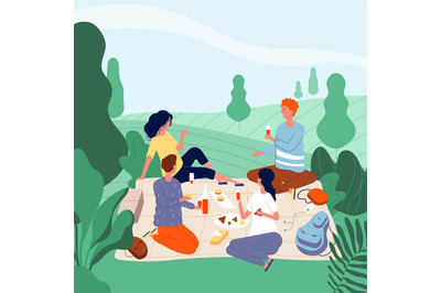 Outdoor picnic people. Happy family in green summer park eating food h