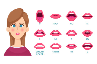 Mouth animation. Female lips keyframes lady speaks sound of english le