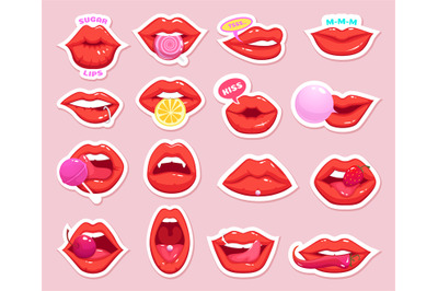 Sexy stickers. Retro patch girl lips kiss candy cherry vector badges c