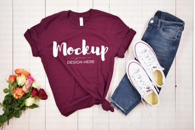 Maroon T-Shirt Mockup with Flowers