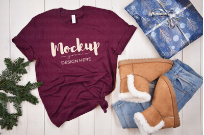 Maroon Christmas Shirt Mockup with Boots