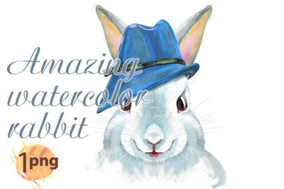 Watercolor illustration of a white rabbit in blue hat