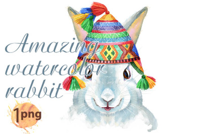 Watercolor illustration of a white rabbit in chullo hat